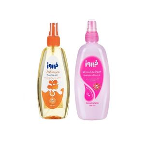 اسپری روغن بدن بچه فیروز مدل ویتامینه حجم 200 میلی لیتر و اسپری نرم کننده و باز کننده مو کودک فیروز مدل olive حجم 300 میلی لیتر