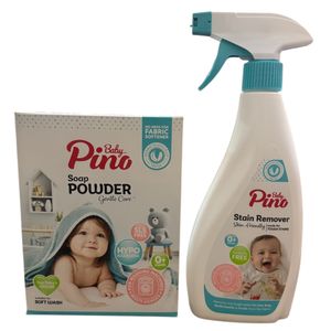 اسپری لکه بر لباس و پودر صابون لباسشویی پینو بیبی مدل baby1 وزن 900 گرم مجموعه ۲ عددی