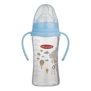 شیشه شیر بیبی لند مدل دهانه عریض ارتودنسی پیرکس دسته دار کد 05506 گنجایش 240 میلی لیتر