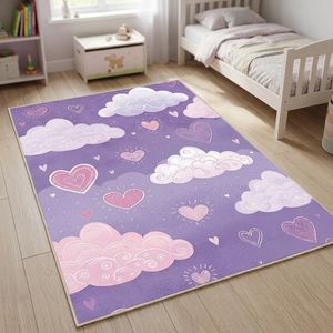 فرش ماشینی 1000 شانه زمینه بنفش حاشیه صورتی مدل اورکوم طرح اتاق کودک کد kids.9009.01