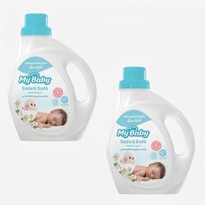 مایع لباسشویی نوزاد مای بیبی مدل safe and soft مناسب لباس‌های حساس کودکان تا یک سال ضدحساسیت لکه‌بر و با رایحه ملایم بسته 2 عددی