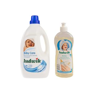مایع لباسشویی کودک لودیک حجم 1500 لیتر کد pa7077 و مایع شوینده شیشه شیر و ظروف لودیک حجم 500 میلی لیتر  کد pa0365