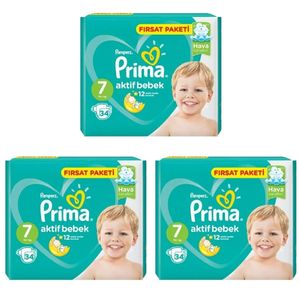 پوشک پریما مدل aktif bebek سایز 7 بسته 34 عددی مجموعه 3 عددی