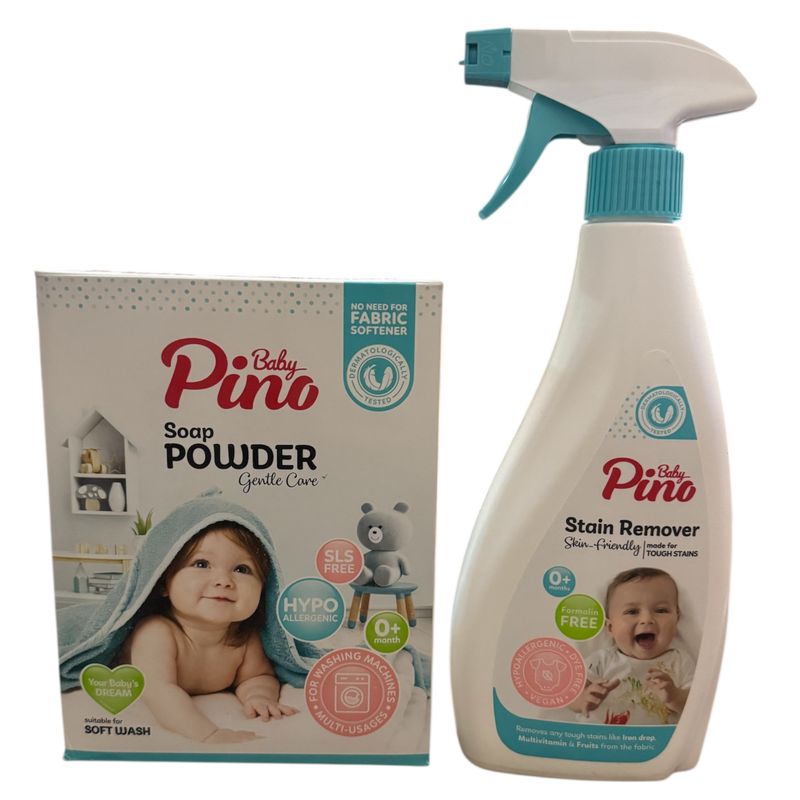 اسپری لکه بر لباس و پودر صابون لباسشویی پینو بیبی مدل baby1 وزن 900 گرم مجموعه ۲ عددی