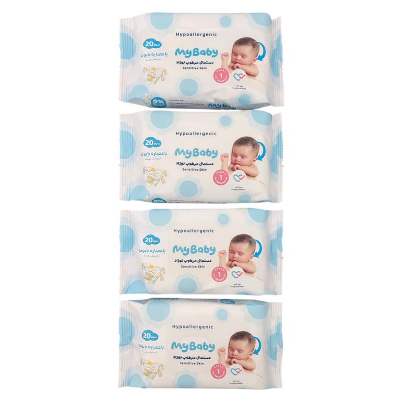 دستمال مرطوب کودک مای بیبی مدل بابونه 4 بسته 20 عددی