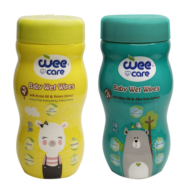 دستمال مرطوب کودک وی کر مدل روغن آرگان و روغن زیتون دو بسته 70 عددی