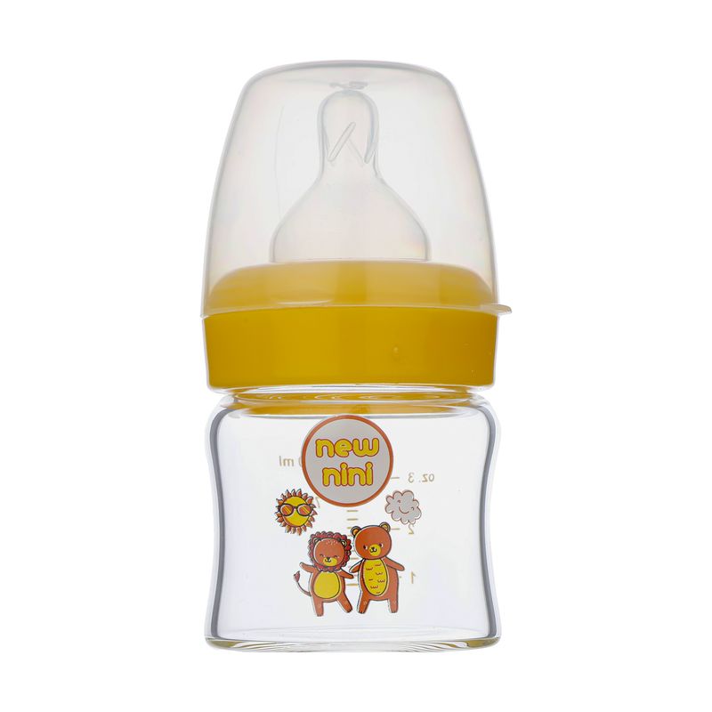 شیشه شیر نیو نی نی طرح خرس و شیر مدل دهانه عریض کد 7035 گنجایش 100 میلی لیتر