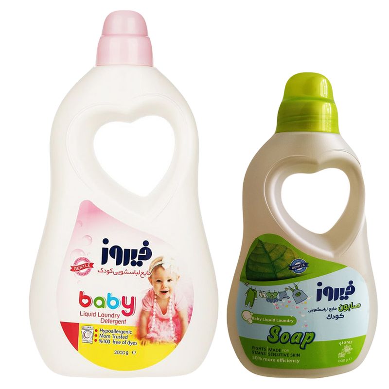 مایع لباسشویی کودک فیروز مدل بهاره وزن 2000 گرم و صابون مایع فیروز وزن 950 گرم مجموعه 2 عددی