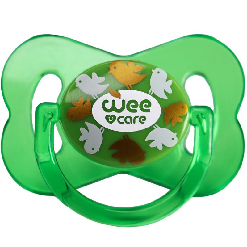 پستانک ارتودنسی وی کر مدل دربدار دسته دار شفاف چاپدار پروانه ای سایز 6 12 ماه کد p128