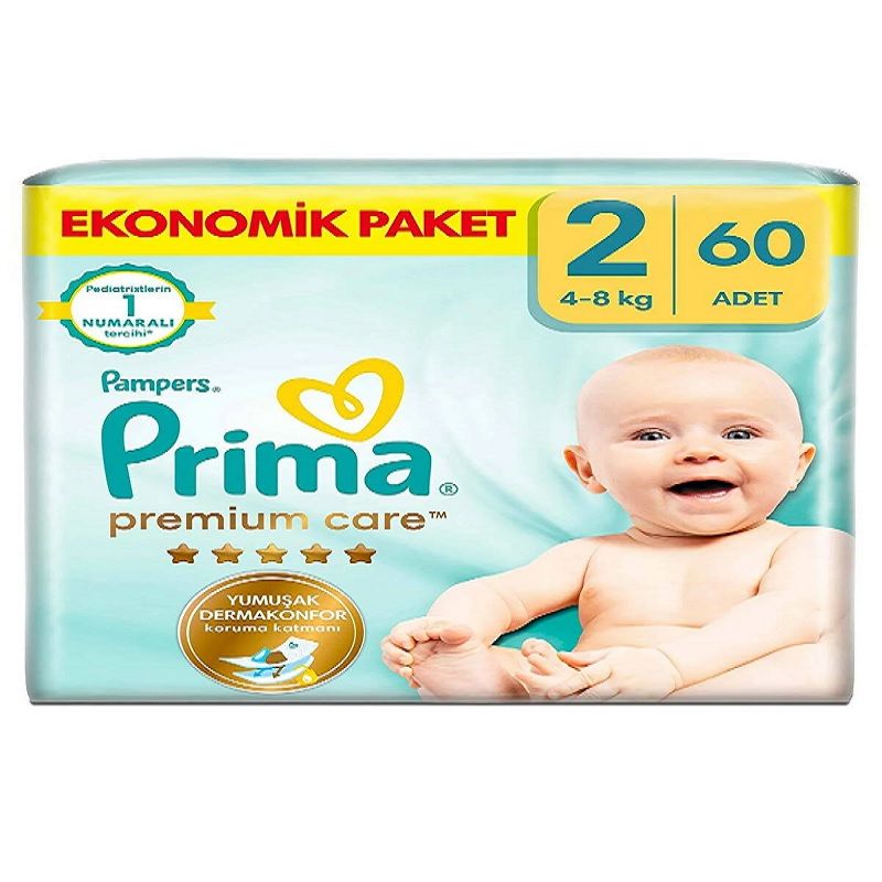 پوشک بچه پریما مدل premium care سایز 2 بسته 60 عددی