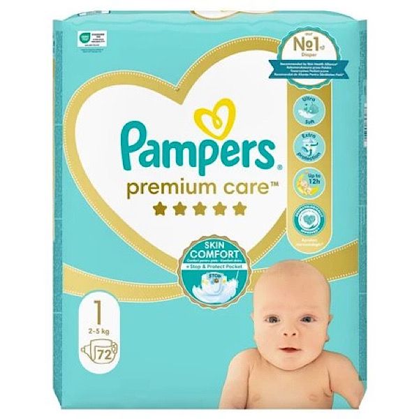 پوشک بچه پمپرز مدل premium care سایز ۱ بسته ۷۲ عددی