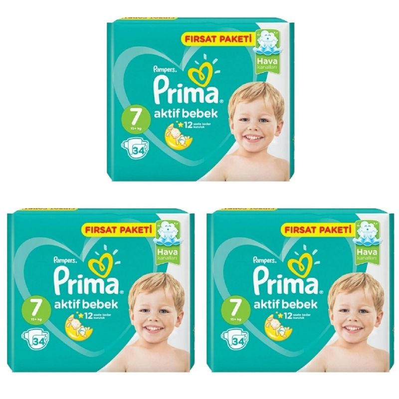 پوشک پریما مدل aktif bebek سایز 7 بسته 34 عددی مجموعه 3 عددی