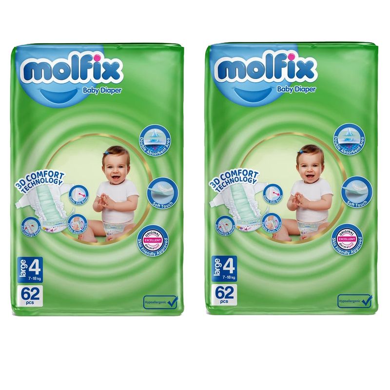 پوشک کودک مولفیکس مدل چسبی سایز 4 دو بسته 62 عددی