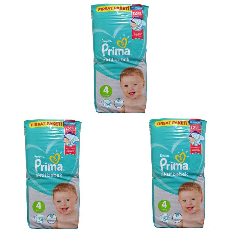 پوشک کودک پریما مدل aktif bebek سایز 4بسته 54 عددی مجموعه 3 عددی
